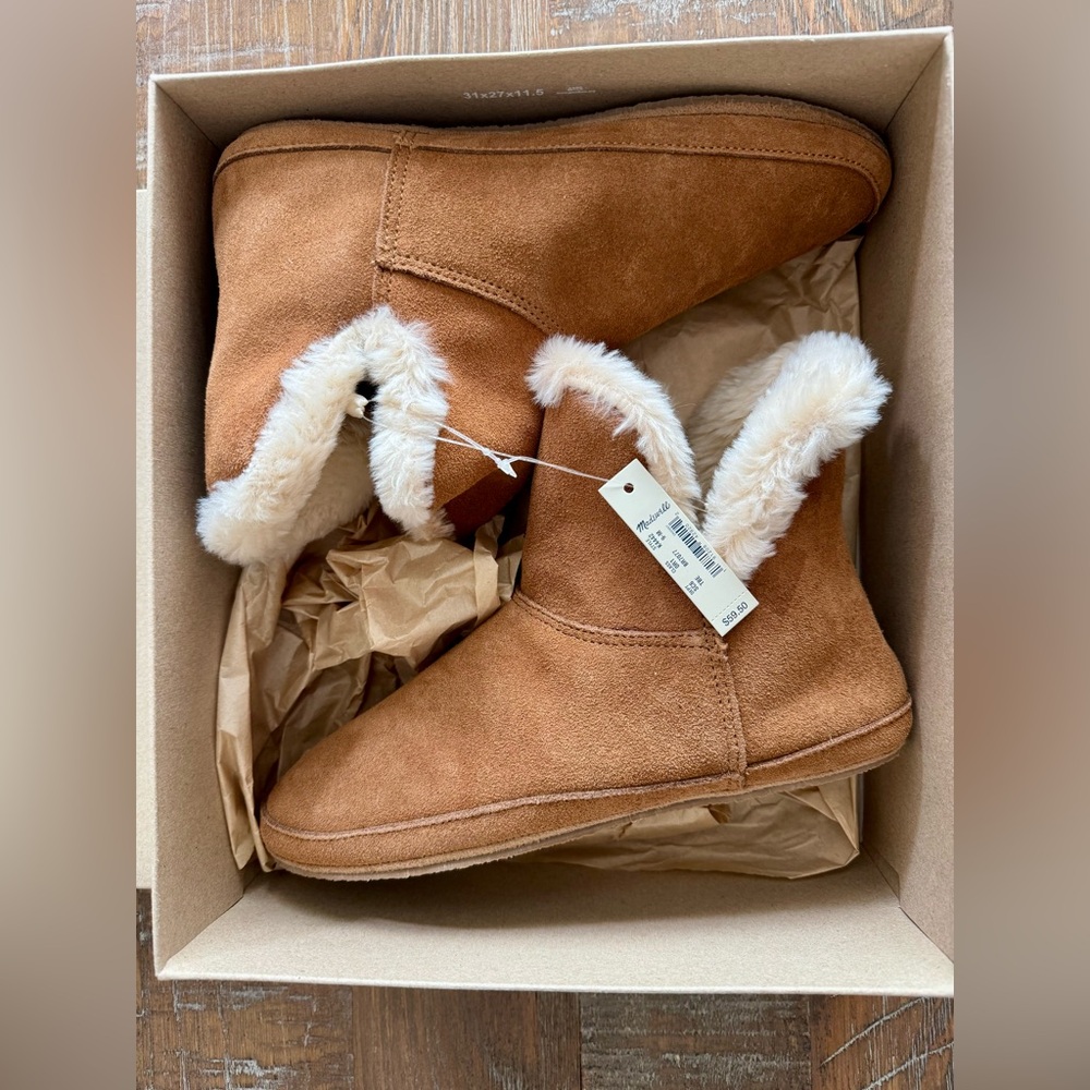 NEW Madewell Faux Fur-lined Suede Slipper Booties in Timber Beam (Brown), Size 9